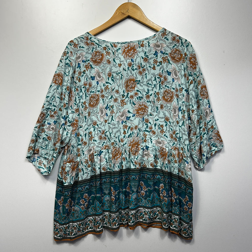 Brown Coco Teal Floral Top - Size 1XL
