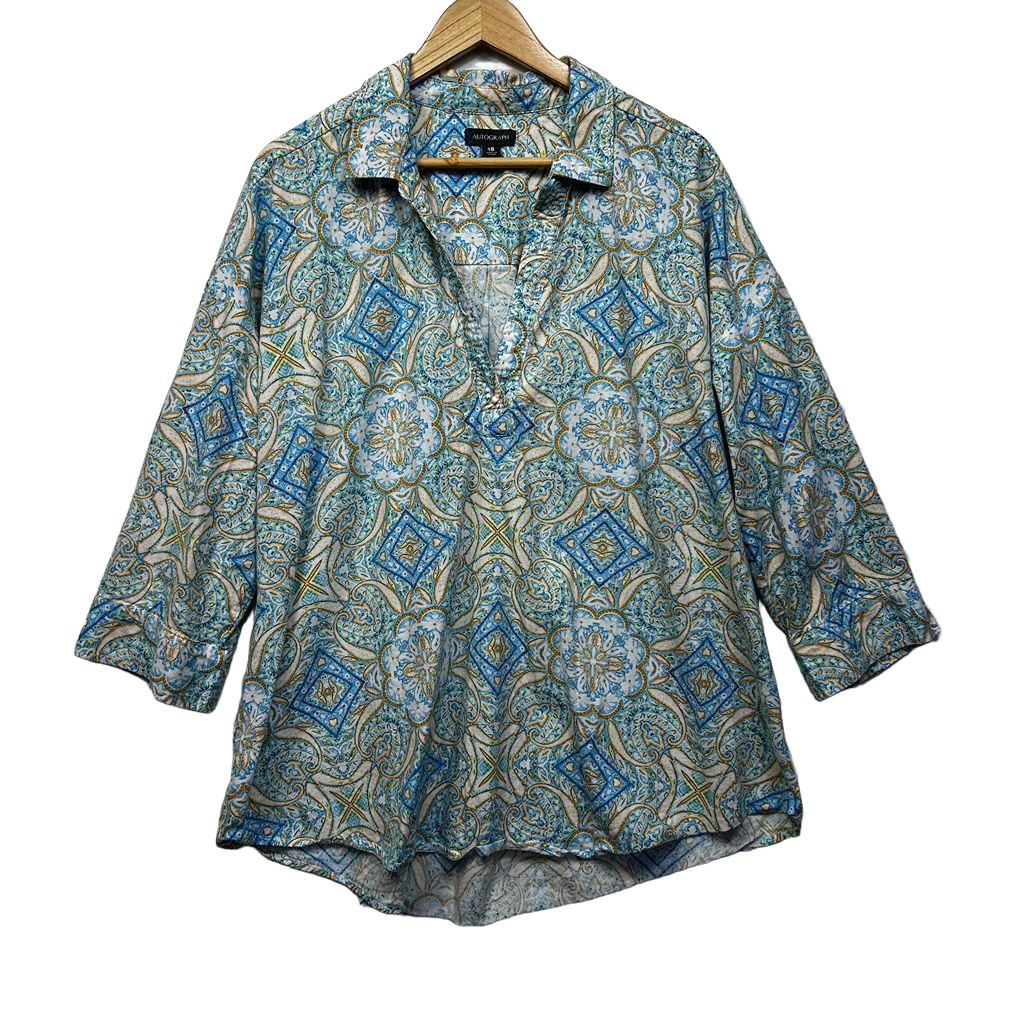 Autograph Blue Paisley Linen Top - Size 18