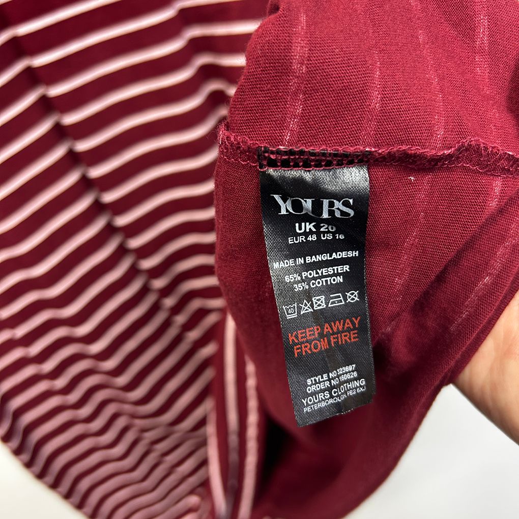 Yours Burgundy Striped Plus Size Cotton T-Shirt - Size 20