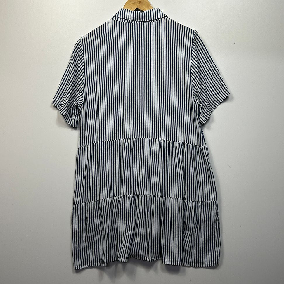 Dotti Blue Linen Striped Shirt Dress - Size 16