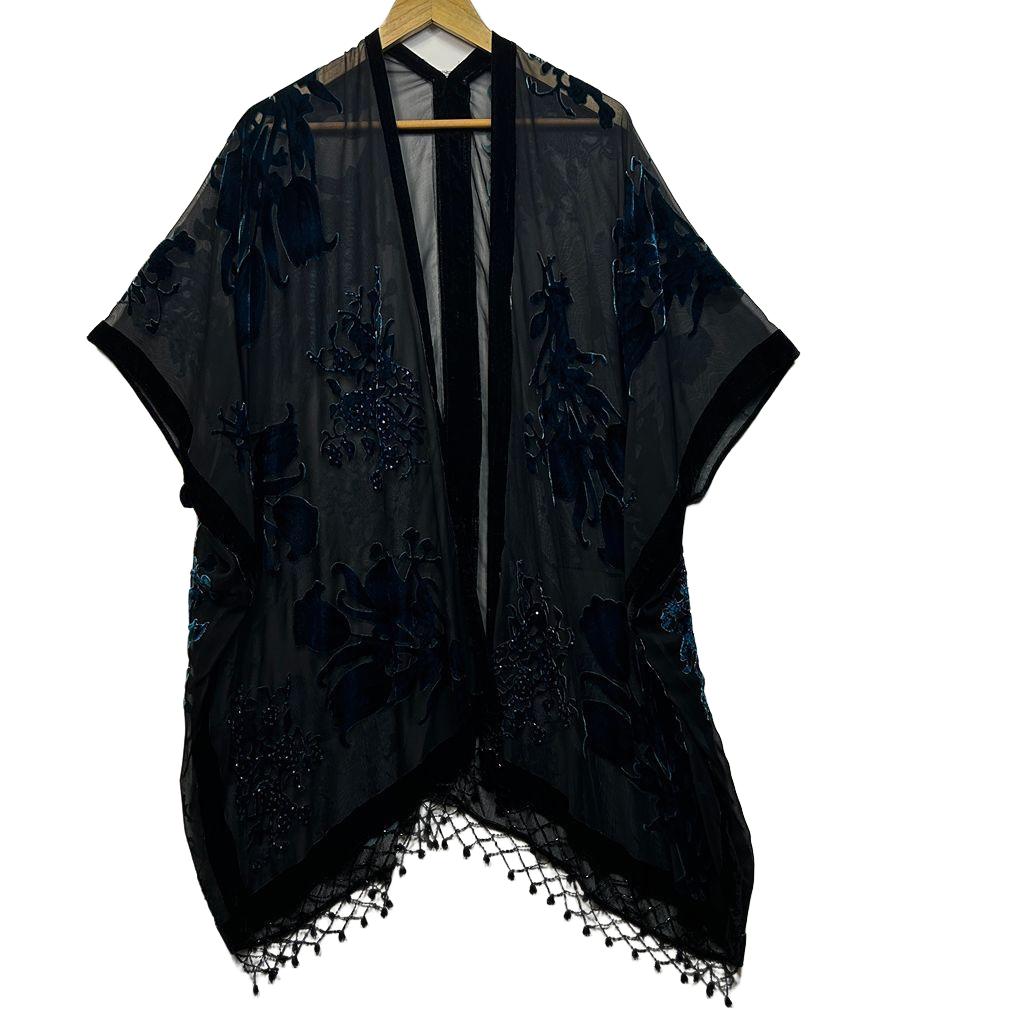 Black Velvert Floral Kimono - One Size