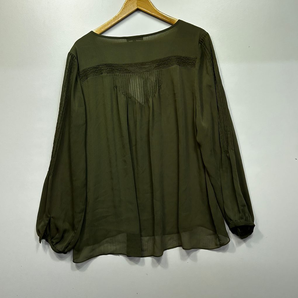 Basque Olive Green Pleated Long Sleeve Top - Size 18