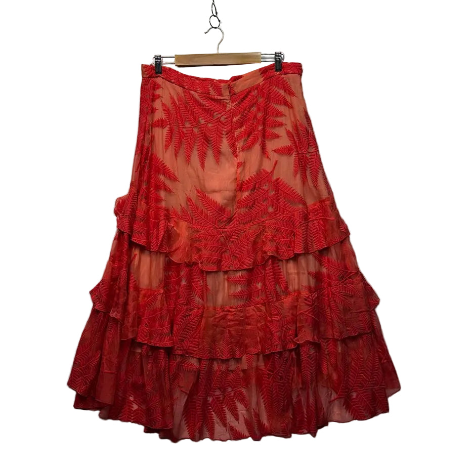 Veronika Maine Edit Silk Embroidered Tiered Ruffle Peach Midi Skirt - Size 16 RRP $449