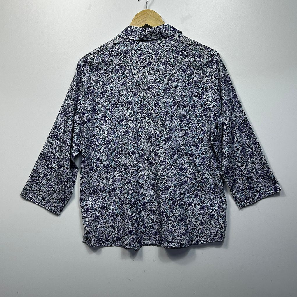 Black Pepper Purple Button Up Short Sleeve Floral Shirt - Size 14