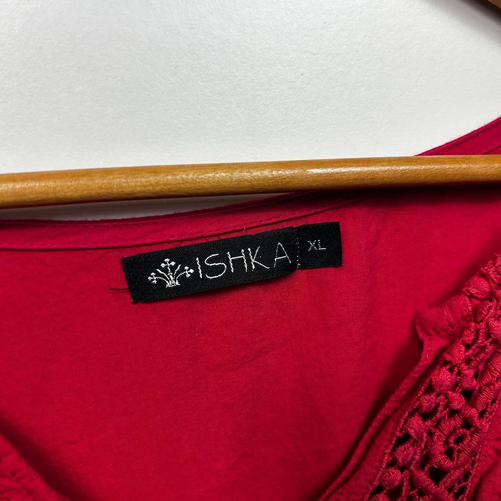 Ishka Red Embroidered Cotton Boho Top - Size XL