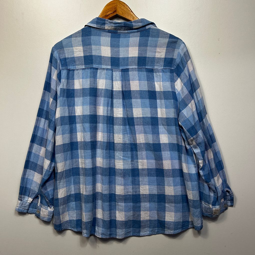 Suzanne Grae Linen Blue Check Plus Size Linen Shirt - Size 18