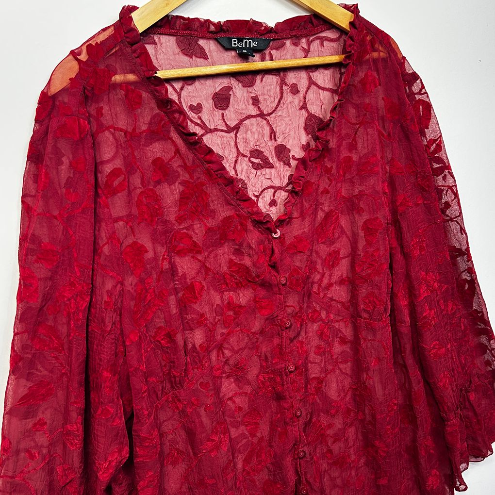 Beme Red Plus Size Sheer Floral Long Sleeve Top - Size 24