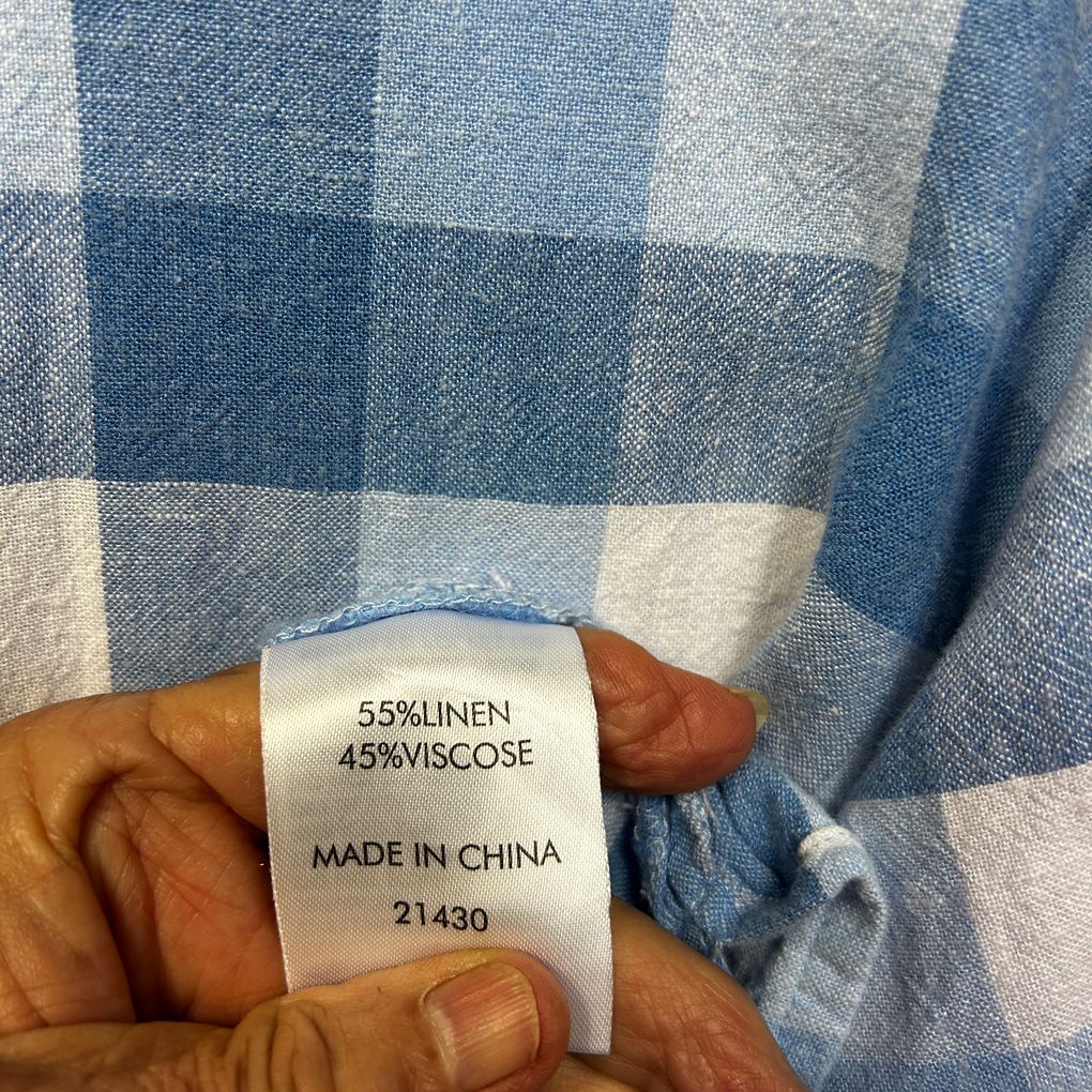 Suzanne Grae Linen Blue Check Plus Size Linen Shirt - Size 18