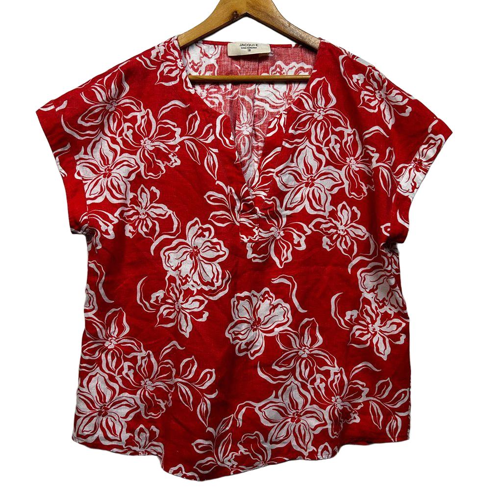 Jacqui E Red Floral Linen Top - Size 18