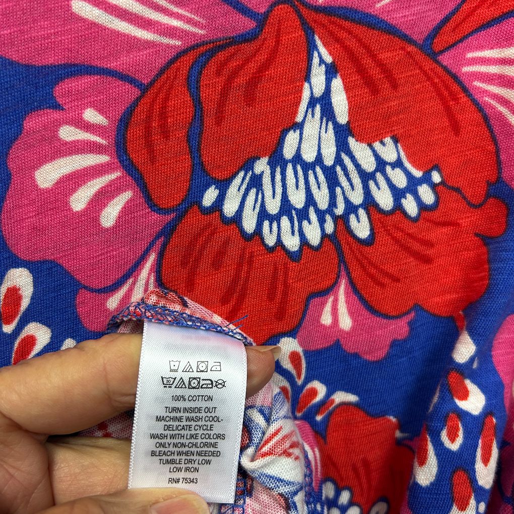 Sigrid Olsen Blue & Red Floral Cotton V-Neck Top - Size 2X (AU 22/24)