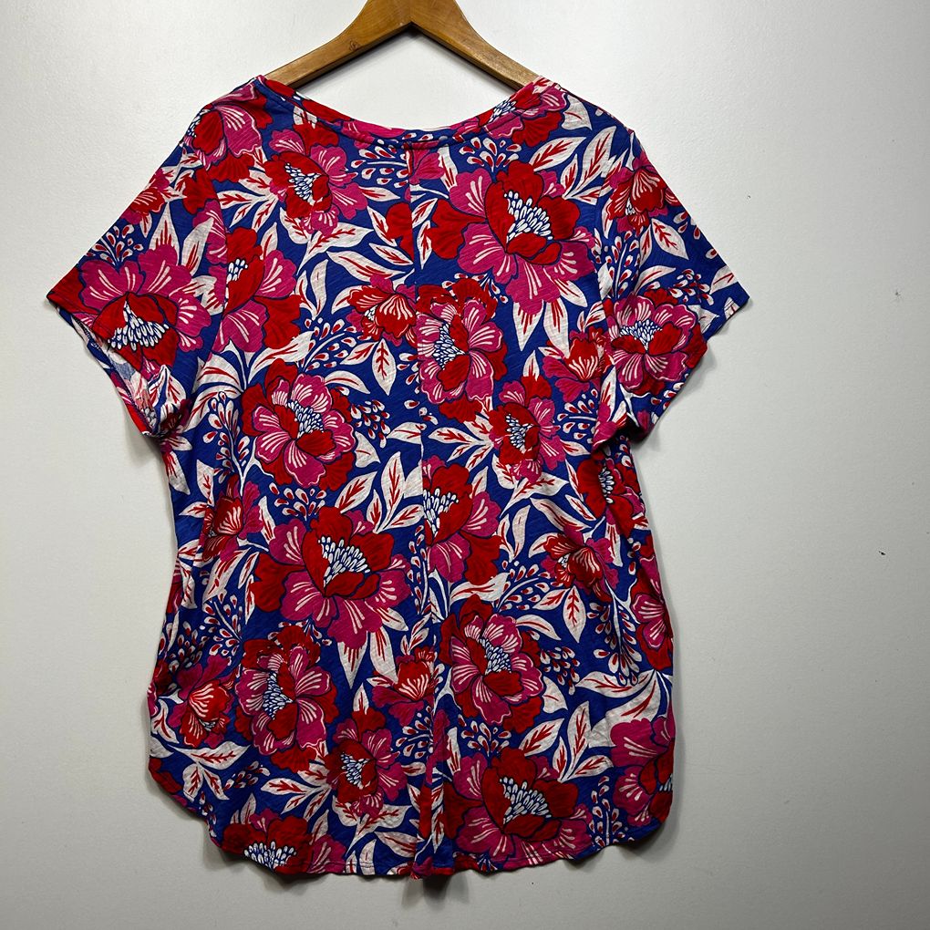 Sigrid Olsen Blue & Red Floral Cotton V-Neck Top - Size 2X (AU 22/24)