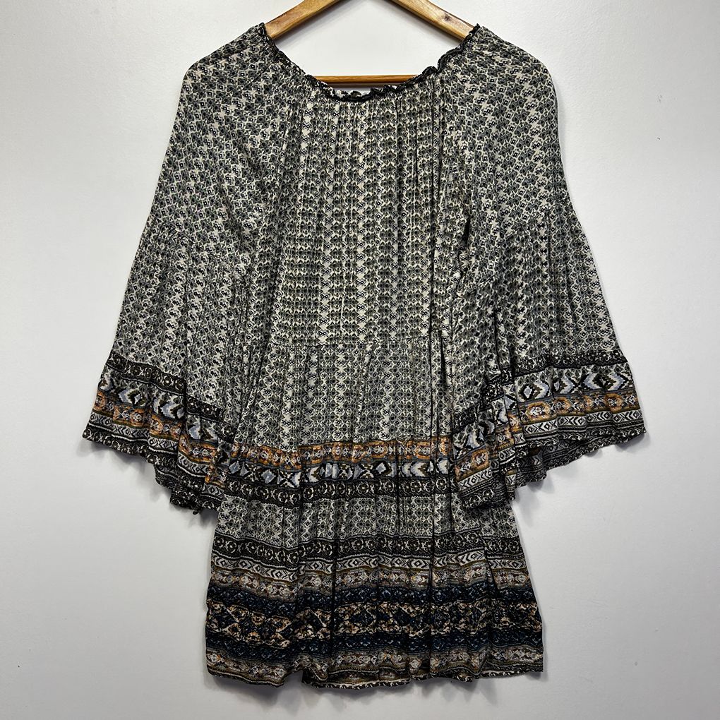 Grey Print Peasant Boho Top - Size 14