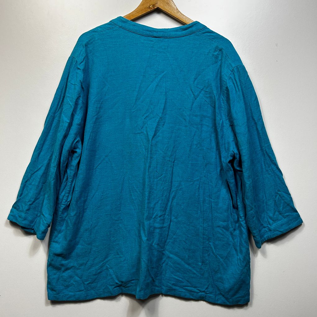 Vivid Blue Linen V Neck Open Front Top - Size 3X
