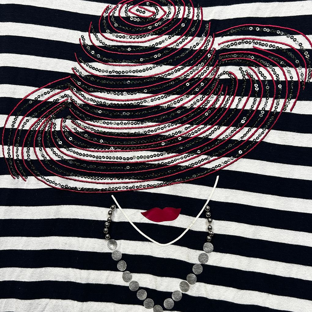 Virtuelle Black Embellished Striped Top - Size XS/14