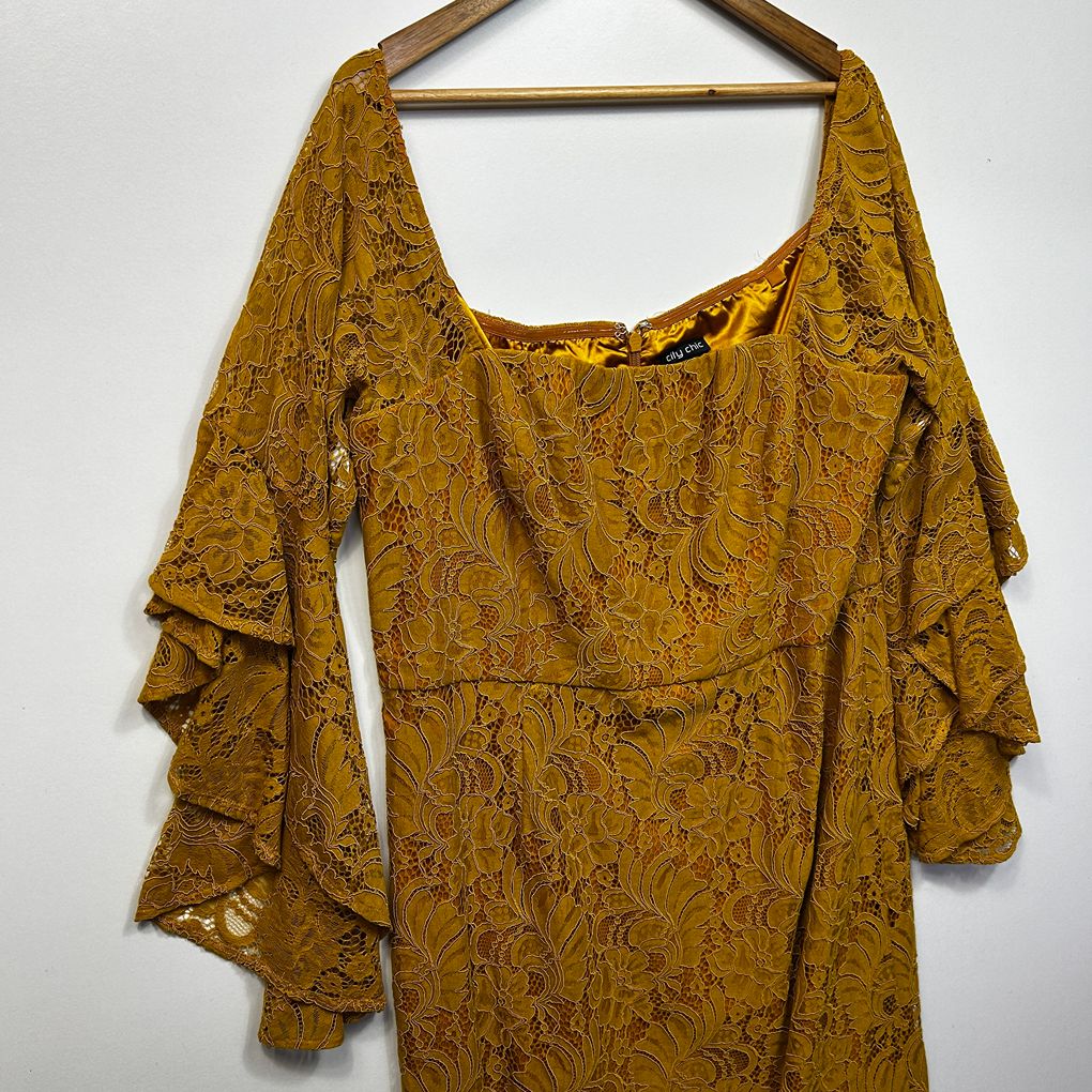 City Chic Mustard Plus Size Cotton Lace Dress - Size M/18