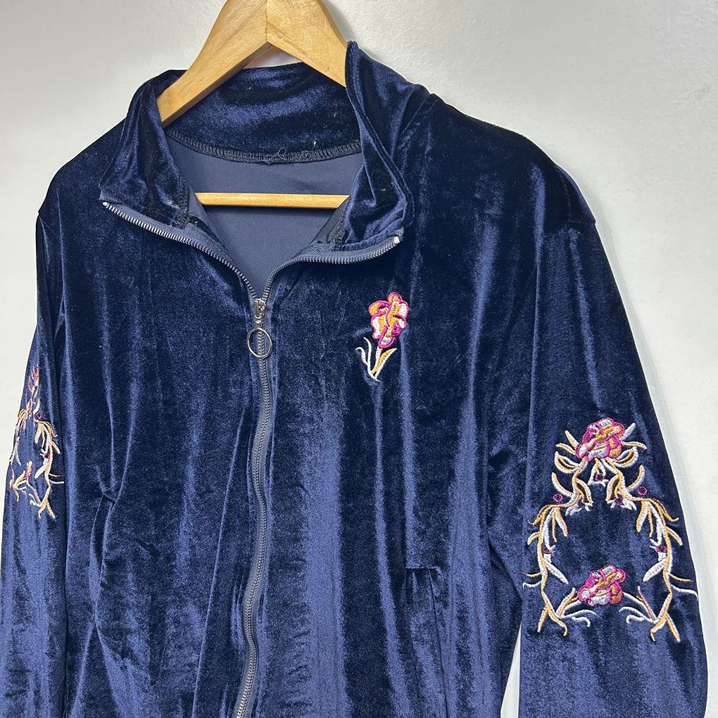 Navy Embroidered Velvet Jacket - Size 12/14