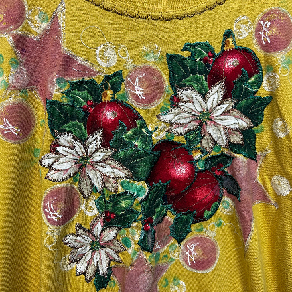 Vintage Mustard Embroidered Christmas T-Shirt - Size XL