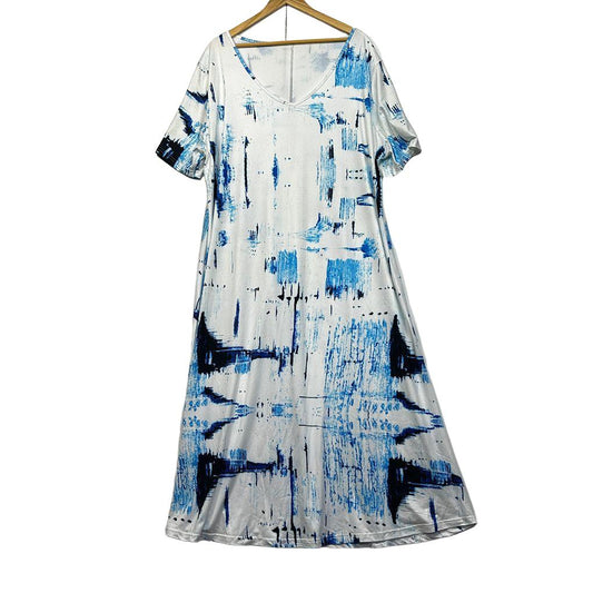 White and Blue Print Dress - Size 5XL
