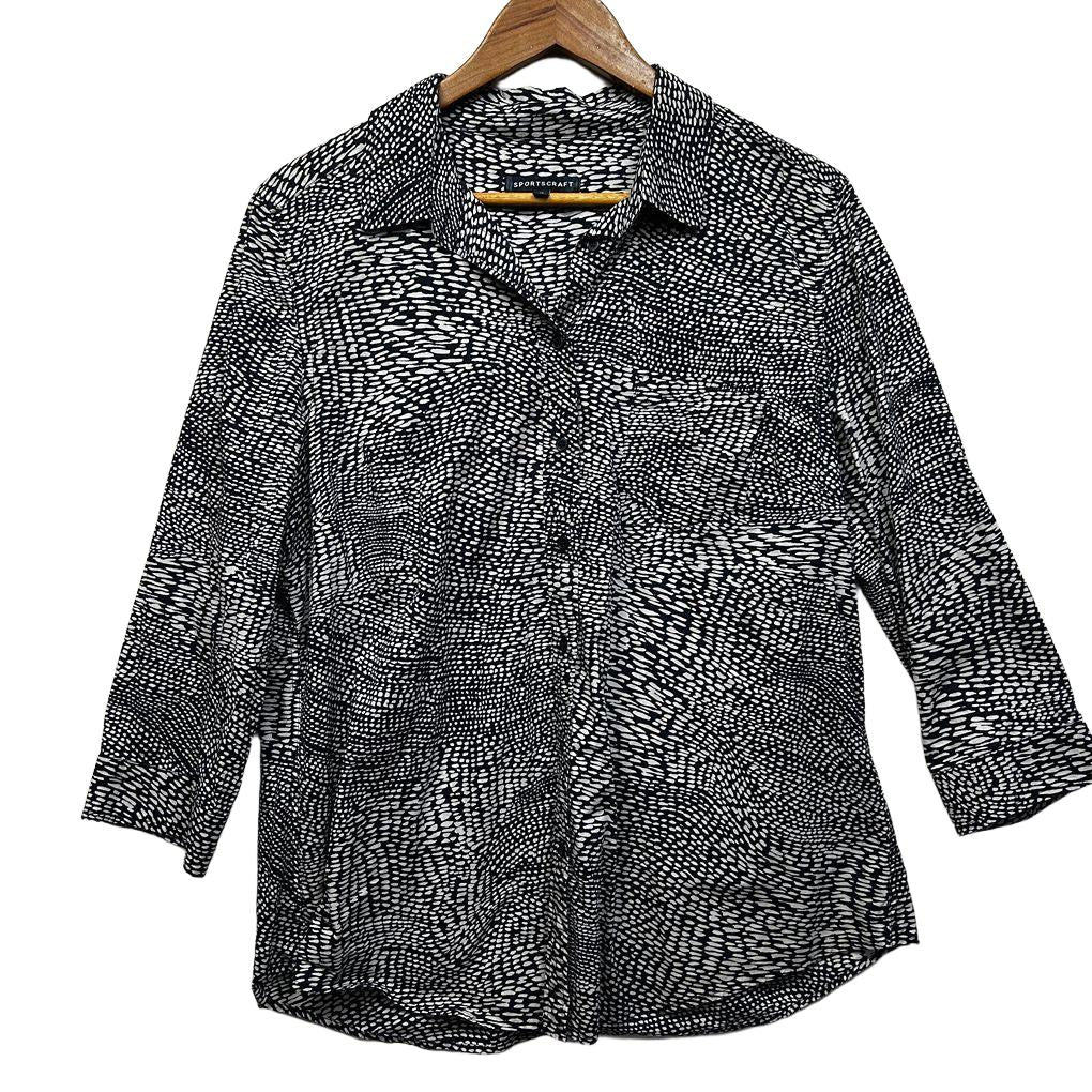 Sportscraft Black White Button Up Long Sleeve Cotton Top - Size 16