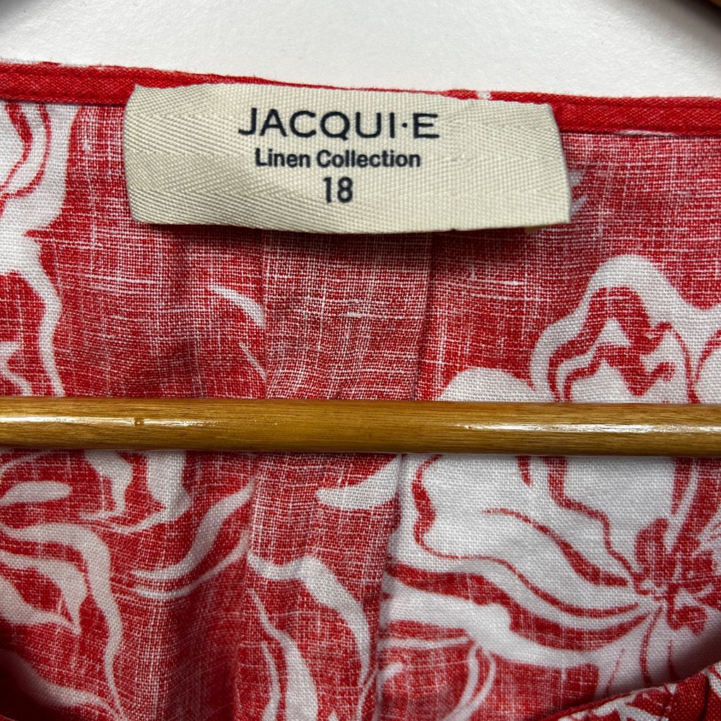 Jacqui E Red Floral Linen Top - Size 18
