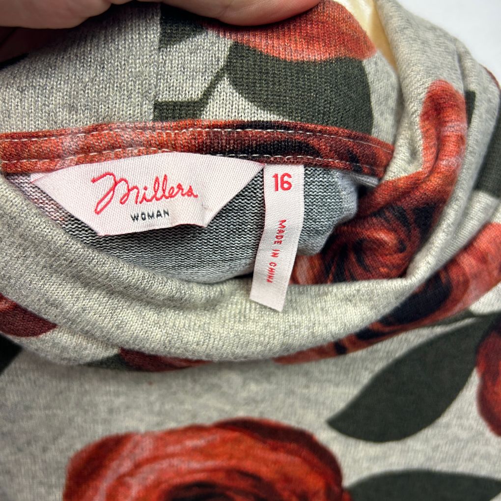 Millers Grey Floral Cowl Neck Long Sleeve Top - Size 16