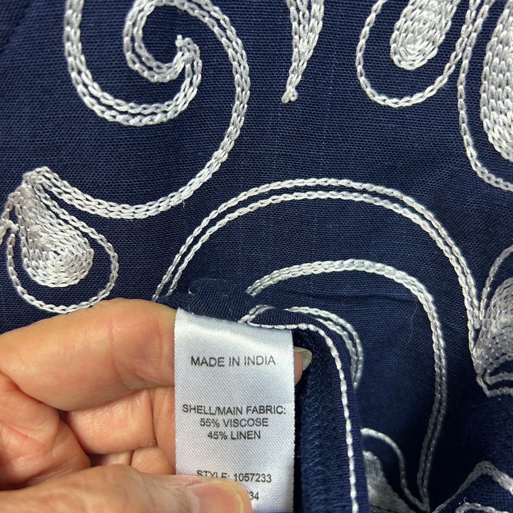 W.Lane Navy Embroidered Linen Top - Size 14