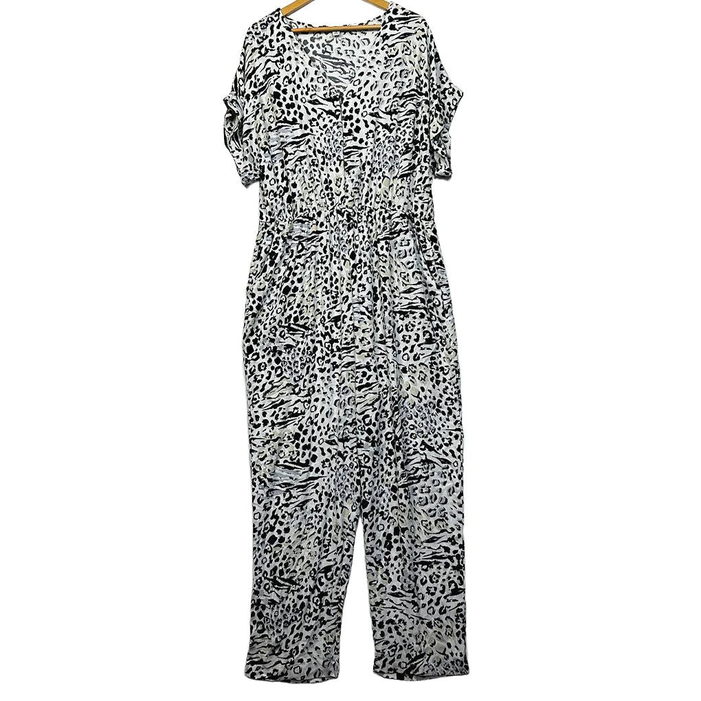 Rockmans White Leopard Print Jumpsuit - Size 18