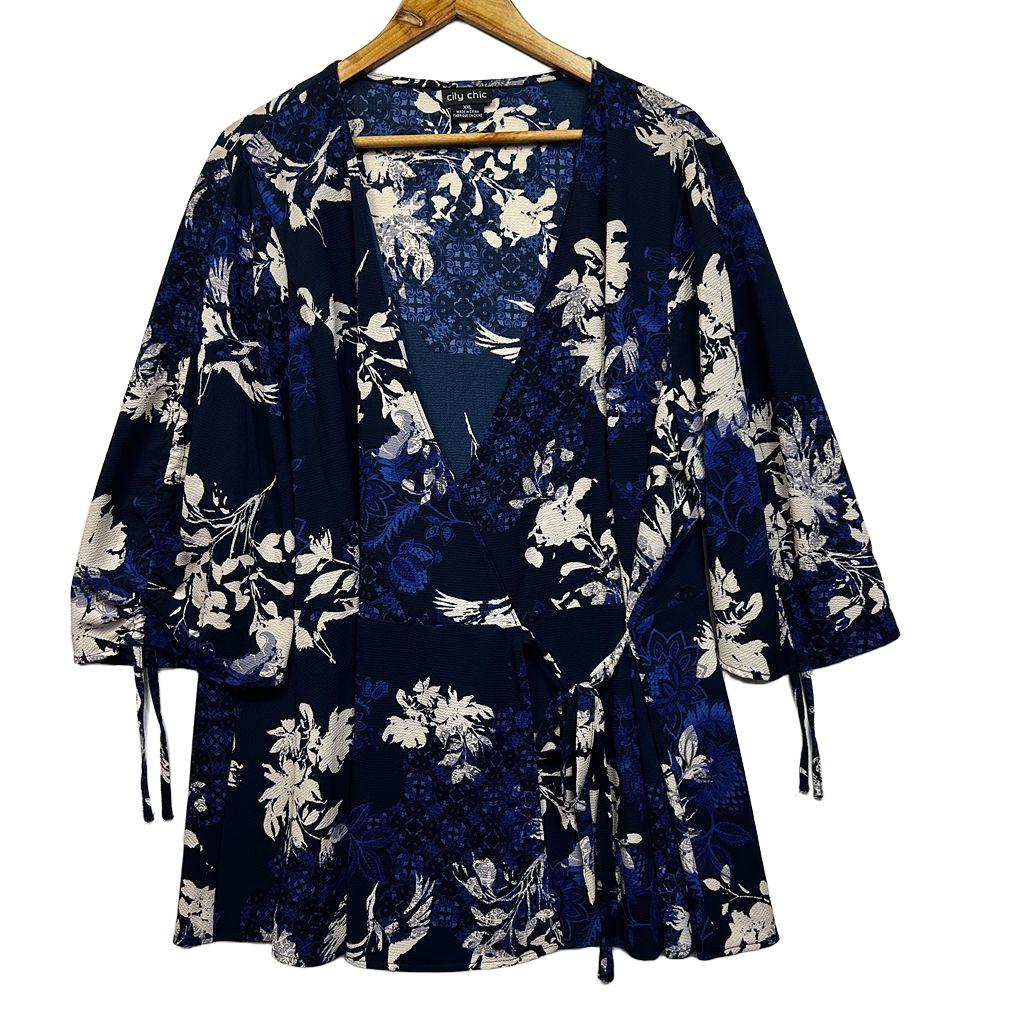 City Chic Navy Floral Wrap Top - Size 24/XXL