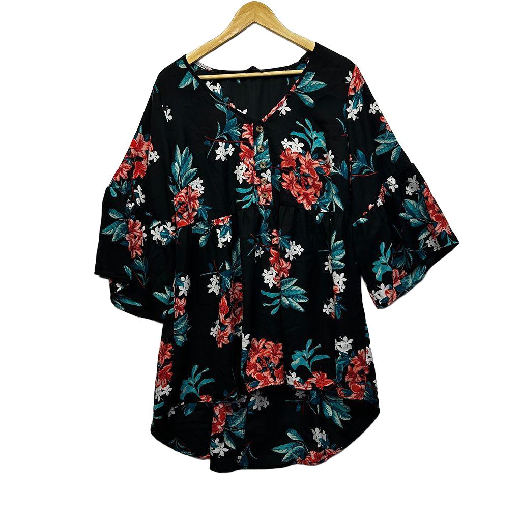 Yours Black Floral Print Top - Size 20