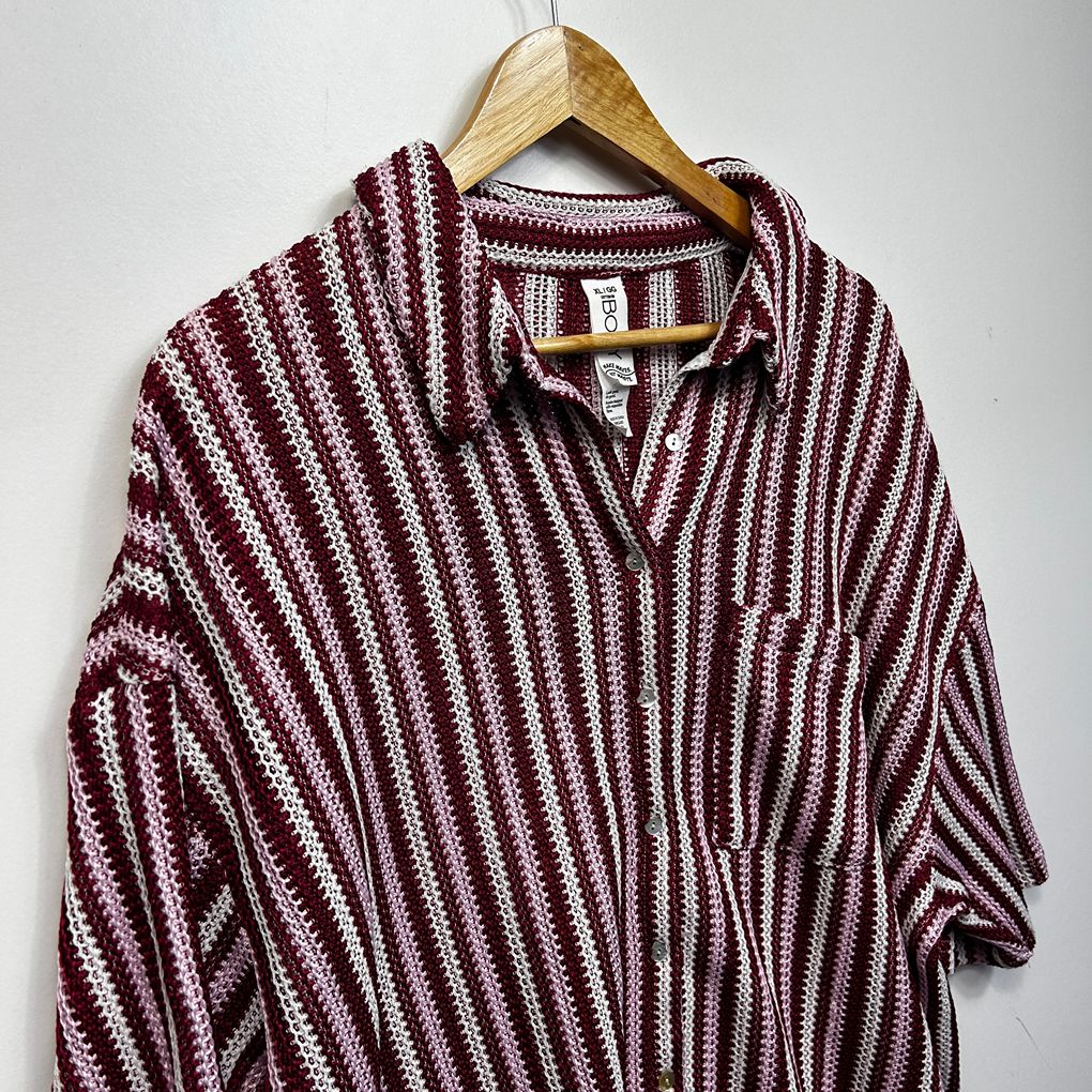 Cotton On Body Burgundy Striped Cotton Knit Shirt - Size XL