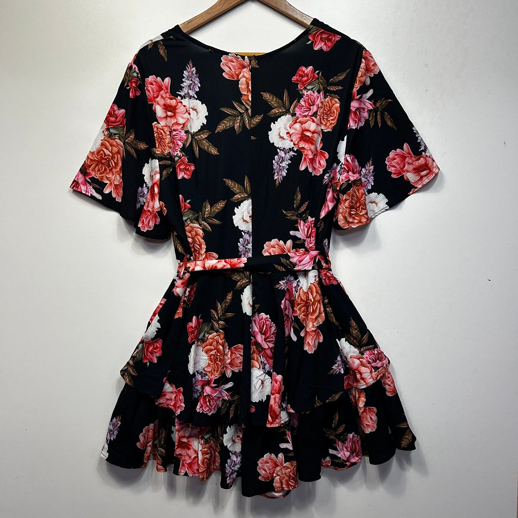 You + All Black Floral Wrap Dress - Size 22