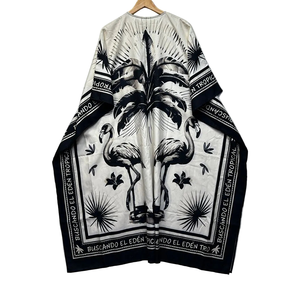 White Palm Print Flamingo Kaftan - One Size 16/18/20