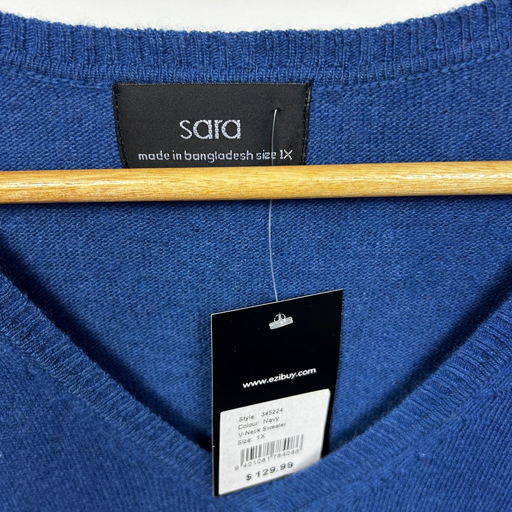 Sara Blue V-Neck Wool Blend Jumper - Size 1X RRP $129.99