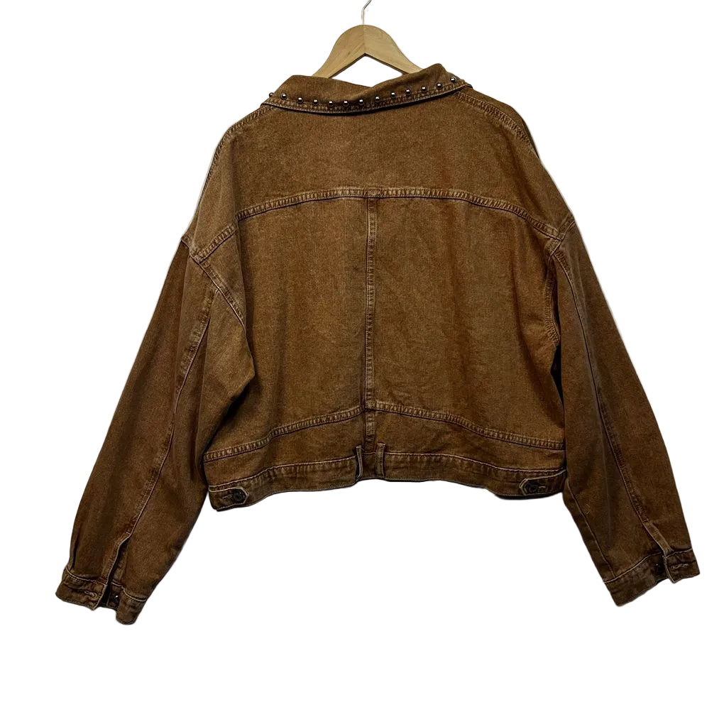 Tan Studded Oversized Boxy Cropped Denim Jacket - Size 16/18