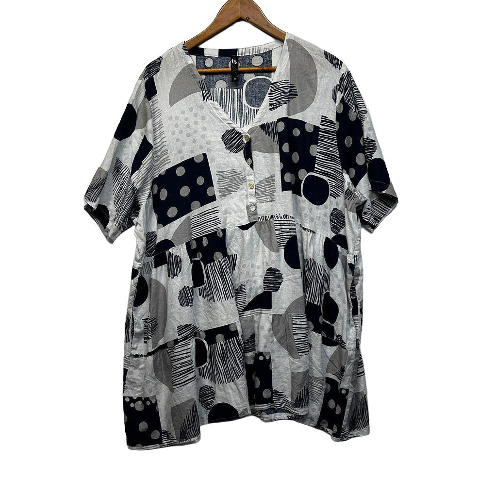 Taking Shape Navy and White Print Linen Top - Size 22