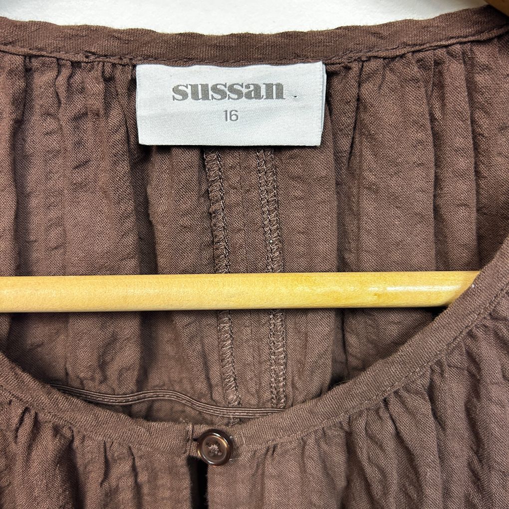 Sussan Chocolate Long Sleeve Cotton Top - Size 16