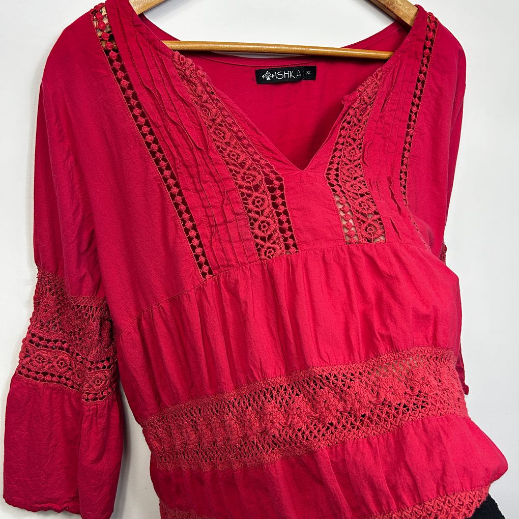 Ishka Red Embroidered Cotton Boho Top - Size XL