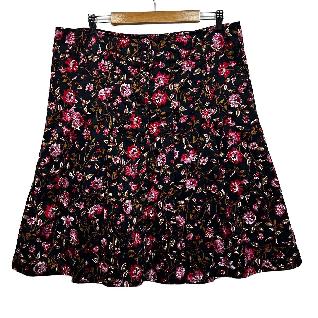 Katies Black Pink Floral Cotton Skirt - Size 16