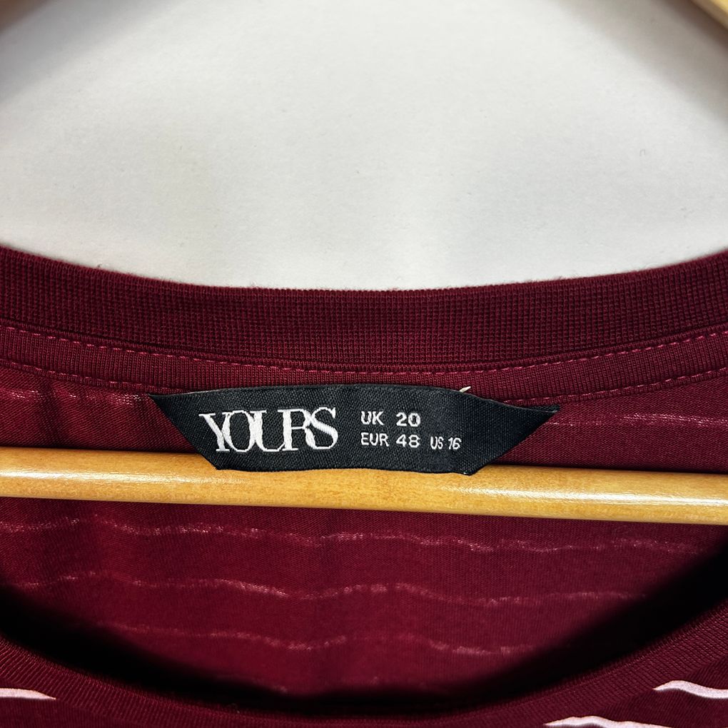Yours Burgundy Striped Plus Size Cotton T-Shirt - Size 20