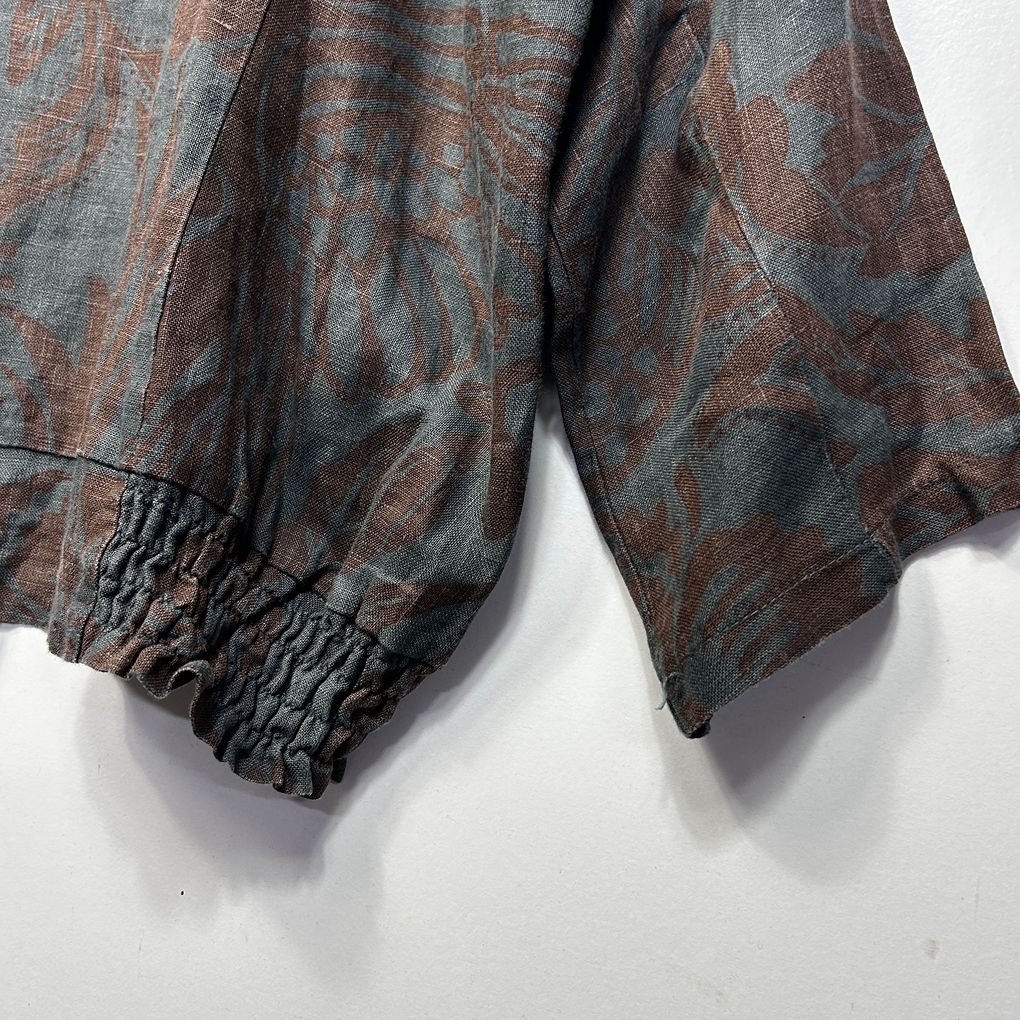 Italian Brown Grey Print Linen Top - Size 16/18