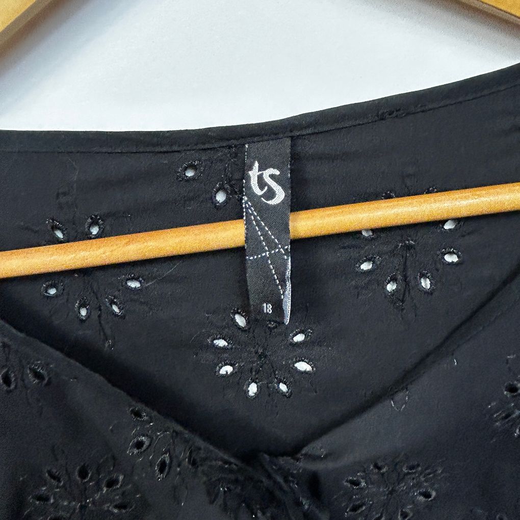 Taking Shape Black Cotton Button Up Broderie Longline Tunic Top - Size 18