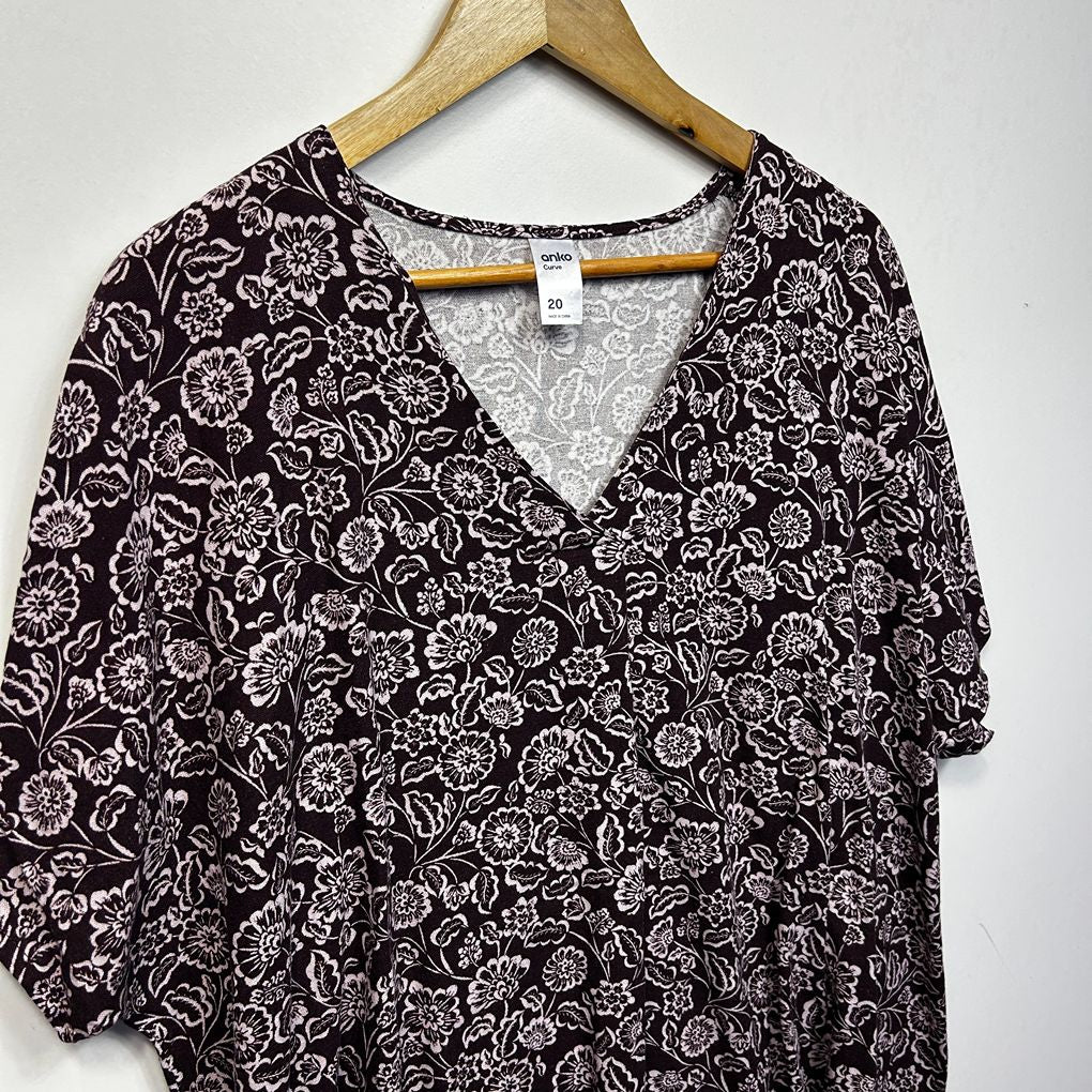 Anko Chocolate Pink Floral Plus Size Linen Top - Size 20