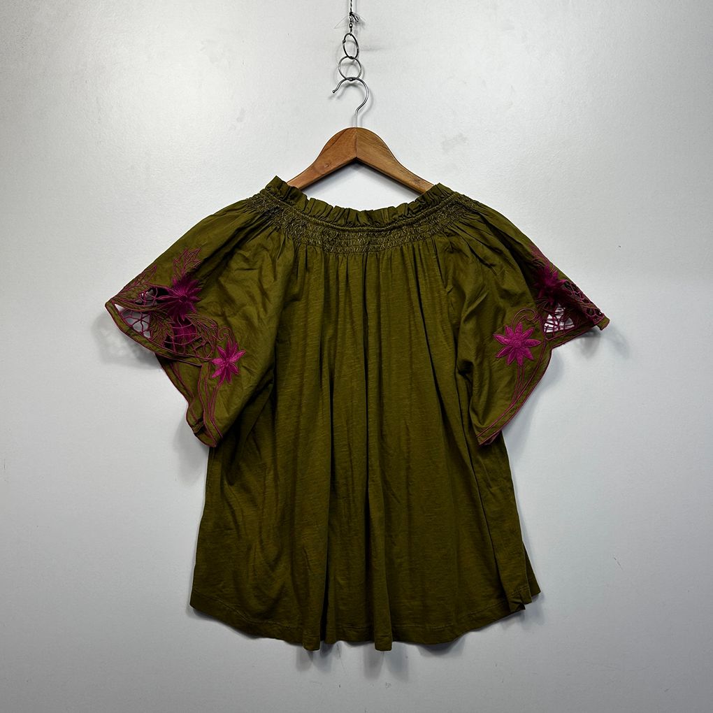 Monsoon Olive Embroidered Cotton Top - Size M/12