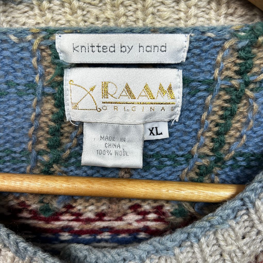 Vintage Hand Knitted Raam Multicoloured Wool Knit Cardigan - Size XL