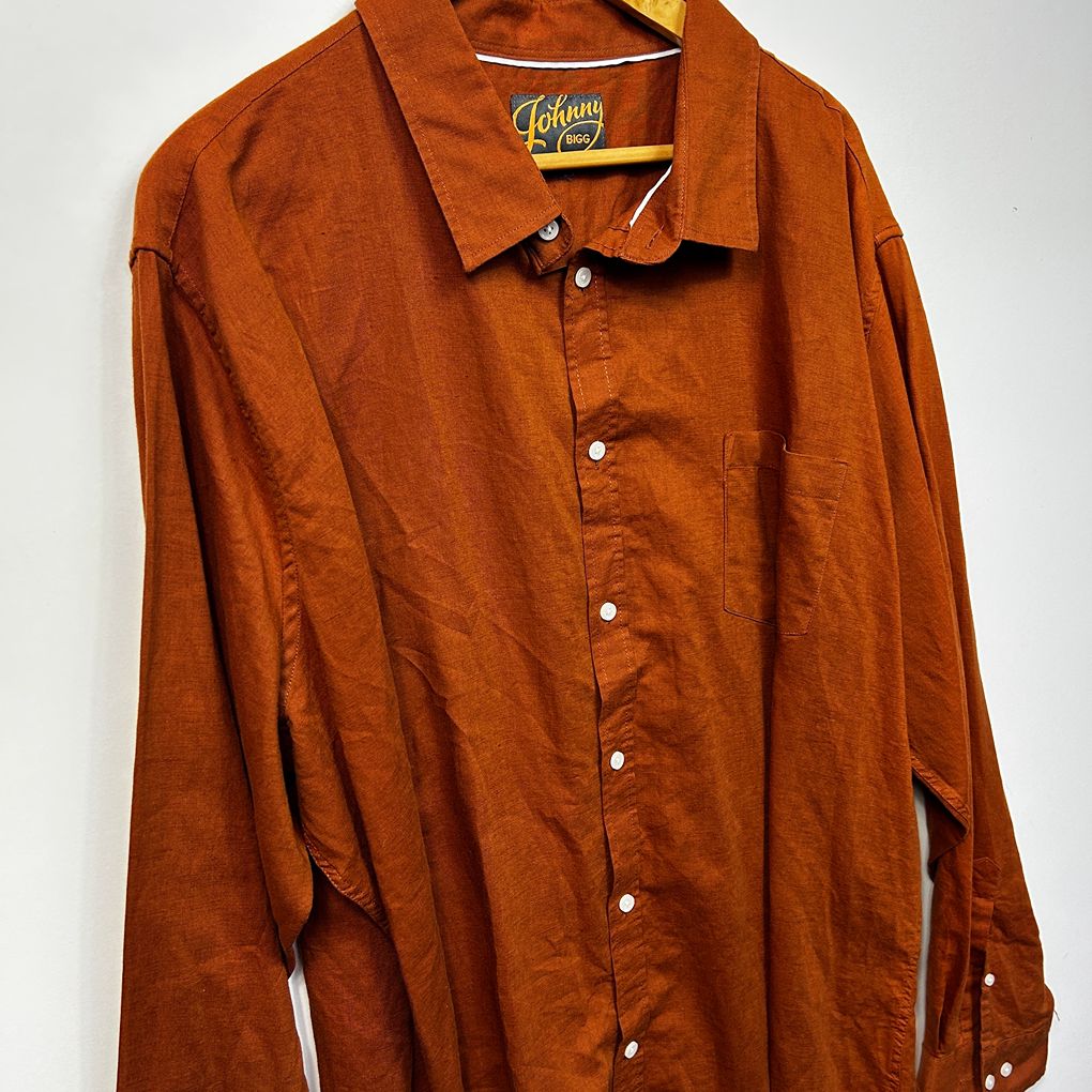 Johnny Bigg Rust Long Sleeve Linen Mens Shirt - Size 4xl/5XL?