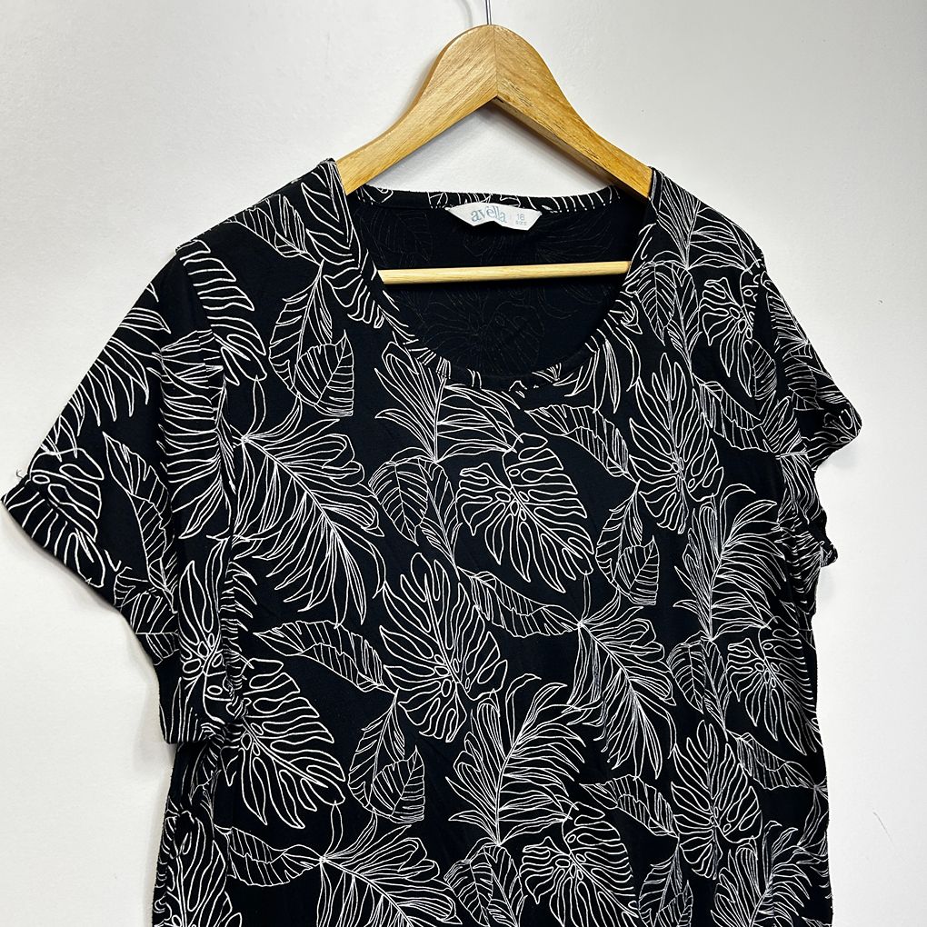 Avella Black White Floral Short Sleeve Top - Size 16