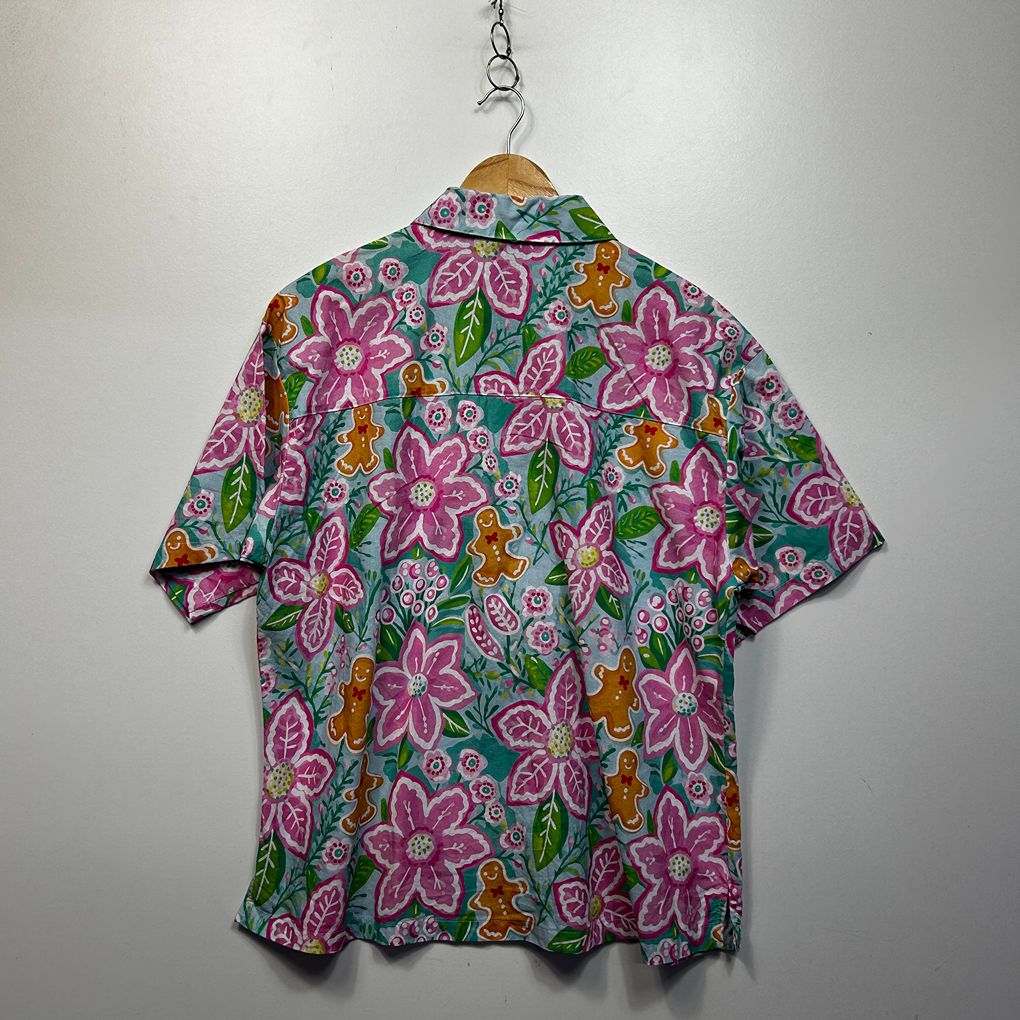Christmas Gingerbread Floral Cotton Button Up Shirt - Size XL