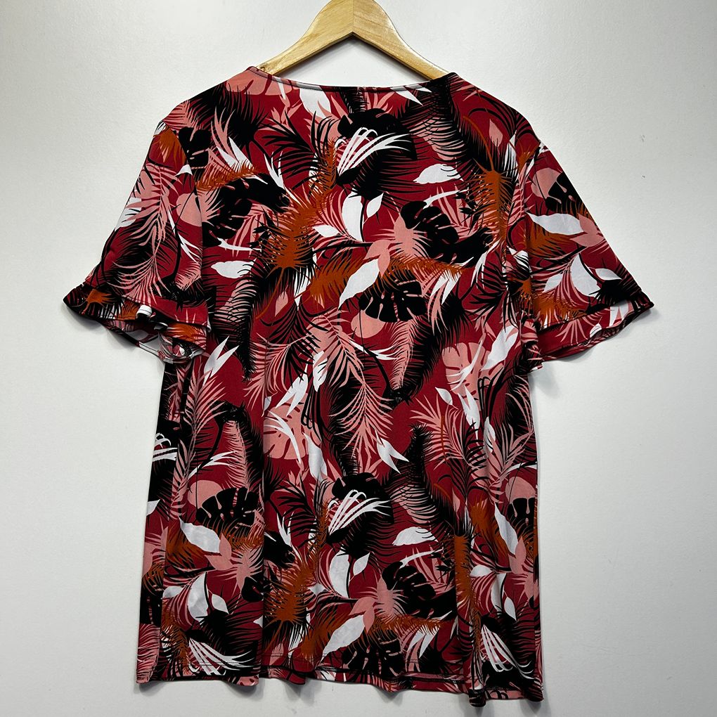 Basque Rust Leaf Print Short Sleeve Top - Size 16W