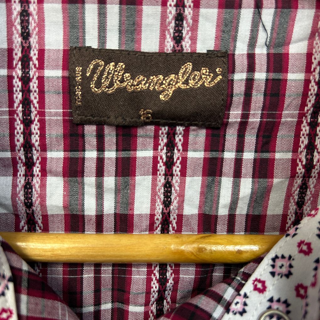 Wrangler Burgundy Plaid Pearl Snap Cotton Shirt - Size 16