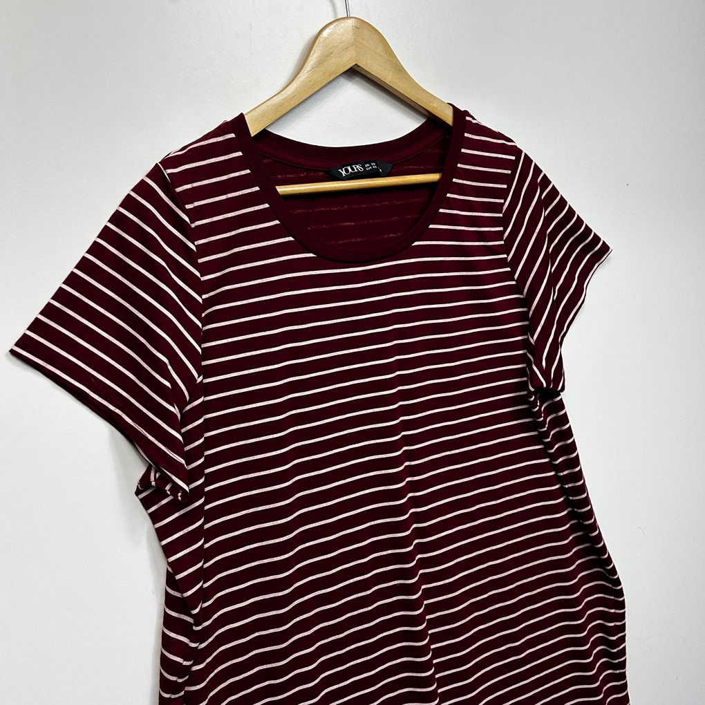 Yours Burgundy Striped Plus Size Cotton T-Shirt - Size 20